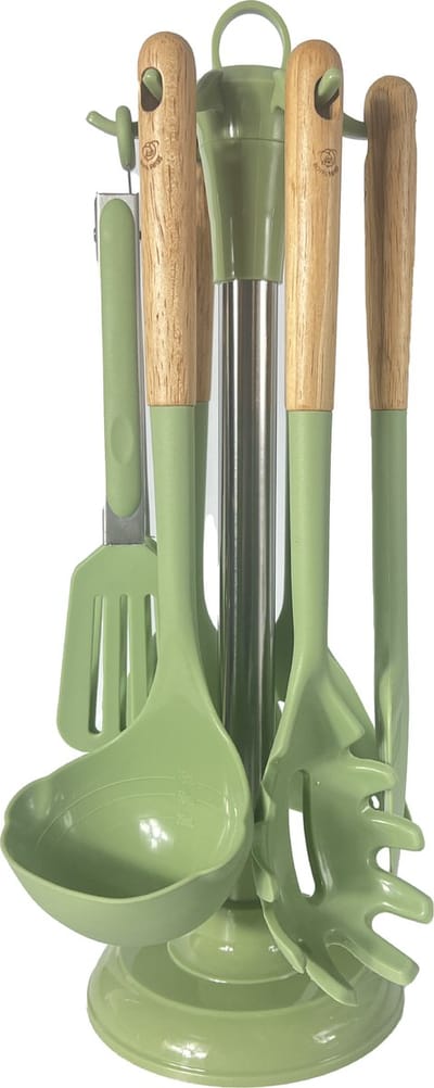 Royal Swiss - 7-Delige Keukengerei Set met Houten Handvat en Standaard - Hittebestendig - BPA-Vrij & Plastic Vrij - Avocadogroen