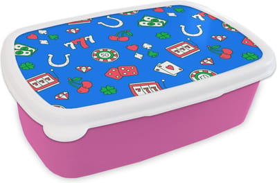 Broodtrommel Roze - Lunchbox - Brooddoos - Patronen - Casino - Gokkast - Poker - 18x12x6 cm - Kinderen - Meisje