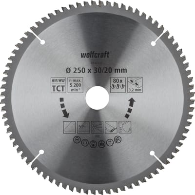 wolfcraft - Zaagblad 250 x 30 mm - 80 tanden - Afkortzaag - Kap- en verstekzaag - 6542000