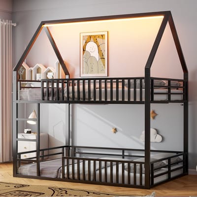 Huisstapelbed 140 X 200 cm, Met Veiligheidshek, Led-Lichtstrip, Stabiel Metalen Frame, Ruimtebesparend, Modern Design, Voor Kinderen En Tieners, Slaapkamer Stapelbed, Zonder Matras, Zwart