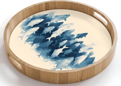 Dienblad rond 40x40 cm - Schootdienblad hout - Vissen - Minimalistisch - Blauw - Borrelplank rechthoek - Plateau houten dienbladen