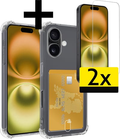 Hoesje - Geschikt voor Apple iPhone 16 - Met 2x Screenprotector - Pashouder - Kaarthouder - Telefoon Hoes Shockproof - Siliconen Case - Back Cover - Shock Proof - Pasjes Houder - Telefoonhoesjes - Transparant