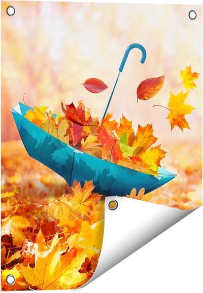 Gards Tuinposter Blauwe Paraplu in de Herfstbos met Bladeren - 40x50 cm - Tuindoek - Tuindecoratie - Wanddecoratie buiten - Tuinschilderij