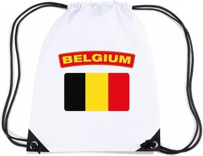 Belgie thema sporttas - nylon rijgkoord rugzak - wit met vlag print - supporters - 11 liter - 45 x 34 cm