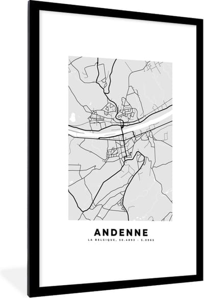 Fotolijst incl. Poster Zwart Wit- Zwart Wit – België – Plattegrond – Stadskaart – Kaart – Andenne - 60x90 cm - Posterlijst