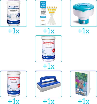 Zwembad Onderhoudspakket - Onderhoud Zwembad - bevat Chloor - Testrips - Chloordrijver - PH-min - PH-plus - Scrubborstel en Zwembadgids (7-delig)