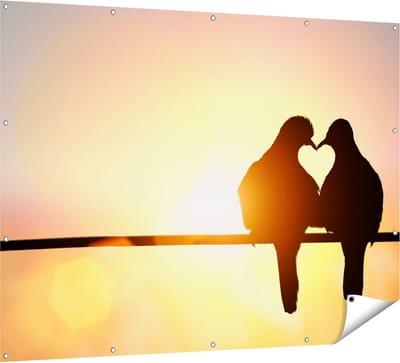 Gards Tuinposter Twee Silhouet Vogels in een Hart Vorm - 160x120 cm - Tuindoek - Tuindecoratie - Wanddecoratie buiten - Tuinschilderij