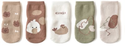 Verpakking met 5 paar babysokjes, geschikt voor zowel jongens als meisjes, dik en warm, met schattige cartoonprints, antislip katoenen sokjes, verkrijgbaar in bruin, kaki, blauw, beige en wit (maat S: 1-2 jaar, voetlengte 8-11 cm).