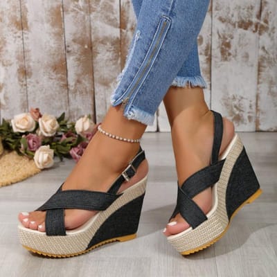Sandalen met dikke zool en schuine hak voor dames Denim kruisgesp Sandalen met één bandje voor dames 35 zwart