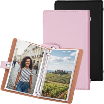 Mini Fotoalbum 4x6cm - Set van 2 Stuks met PU Leren Kaft voor 50 Foto's, Perfect voor Familie, Bruiloft en Reisherinneringen in Zwart en Roze