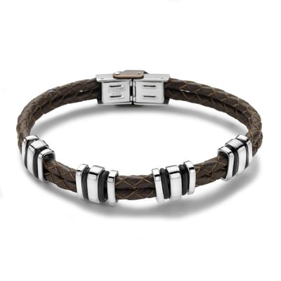 Twice As Nice armband in bruin leder en edelstaal Donkerbruin 21cm