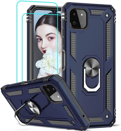 Hoesje Geschikt Voor Samsung Galaxy A22 Hoesje Anti-Shock Hybrid Armor hoesje Blauw - Hoesje Geschikt Voor Samsung Galaxy A22 5G kickstand Ring houder TPU backcover hoesje - met screenprotector Galaxy A22 5G - 2 pack