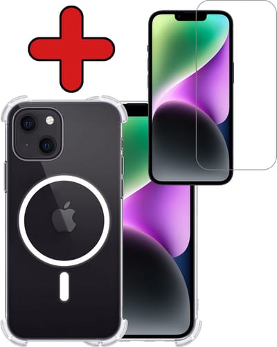 Hoesje - Met Screenprotector - Geschikt voor Apple iPhone 14 Plus - Magsafe Compatible - Sterk & Shockproof - Shock Proof Case - Back Cover - Telefoon Hoes - Telefoonhoes - Transparant