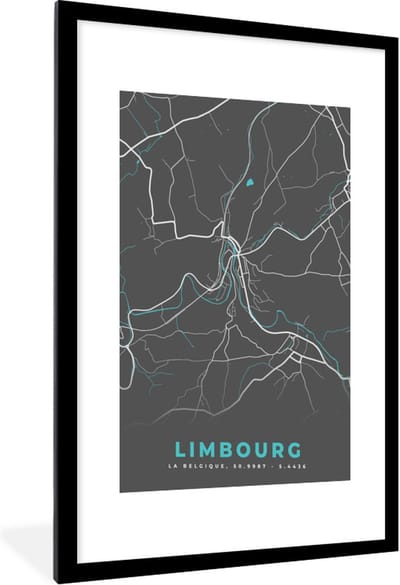 Fotolijst incl. Poster - Plattegrond – Limbourg – Blauw – Stadskaart - Kaart - België - 60x90 cm - Posterlijst