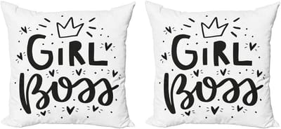 ABAKUHAUS Girls Boss Decoratieve Kussenhoes 2-pack, Hart, Kroon en Tekst, Modern Accent Dubbelzijdige Digitale Print, 50x50 cm, Houtskoolgrijs en Wit