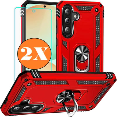 Hoesje Geschikt voor Samsung Galaxy A56 5G Hoesje Rood Anti-Shock Hybrid Armor hoesje Met Draaibare Ring Houder - Samsung A56 Screenprotector 2 pack