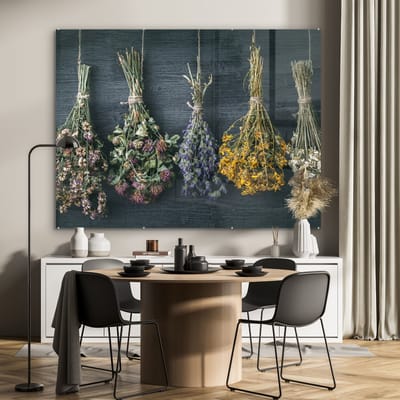 MuchoWow® Glasschilderij 160x120 cm - Schilderij acrylglas - Droogbloemen - Bloemen - Boeket - Stilleven - Touw - Bundel - Foto op glas - Muurdecoratie woonkamer - Wanddecoratie slaapkamer - Schilderijen