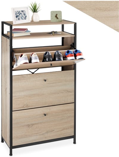 tectake® - Schoenenkast met 3 vakken - Houten schoenenrek met 3 vakken - Schoenenkantelaar met extra vak - Industrieel design - Zwart metalen frame - Afmeting (LxBxH) 61 x 30 x 130 cm - Lichtbruin