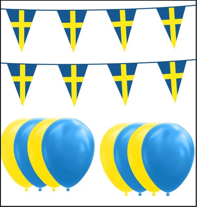 Zweden feestpakket Big – 6x Vlaggenlijn 10 meter + 100 ballonnen blauw/geel - Versiering Slinger Feestdecoratie Decoratie