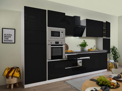 Goedkope keuken 385  cm - complete keuken met apparatuur Lorena  - Wit/Zwart - soft close - keramische kookplaat    - afzuigkap - oven - magnetron  - spoelbak