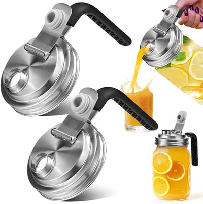 Mason Jar-deksels van roestvrij staal met handvat, schenktuit met normale opening en klapdeksel, geschikt voor Mason Jars, scheurvast, lekvrij, luchtdicht deksel, voor drinken, salade, dressing en voedselbewaring (2 stuks)