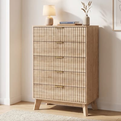 Ladekast - 73x40x108 cm - Opbergkast met 5 Lades - Anti-kantel - Hout - Geribbeld Design - Houtkleur