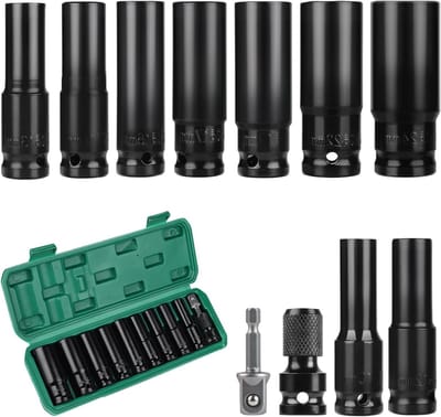 11-delige Impact Wrench Set 1/2 inch met Lange Moeren, Dopsleutelset en Verlengstuk voor Bandenwissel en Onderhoud