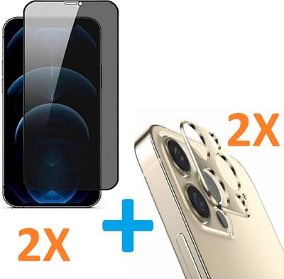 2X Privacy Scherm Tempered Glass Screen Protector Anti-Spy + 2X Camera lens Beschermer goud Geschikt voor: Apple iPhone 12