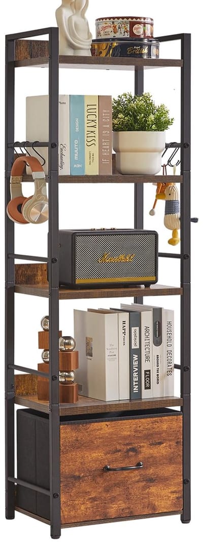 Boekenplank, 5-laags industrieel boekenplank met stoffen laden, vrijstaand plankenstelsel voor woonkamer, slaapkamer, keuken, kantoor, stalen frame, rustiek bruin YD-BC001H