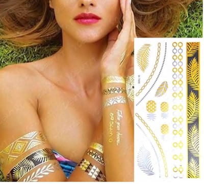Akyol - Nep tattoo – fake - tattoo - kleurrijke metallic tattoo's - festival tattoos - bohemian - feest - zomer - dames - glitters - juwelen tattoo - plaktattoo - neppe tattoo – 1 vel met tattoos – fantasie – nep tattoo – festival tattoo – goud