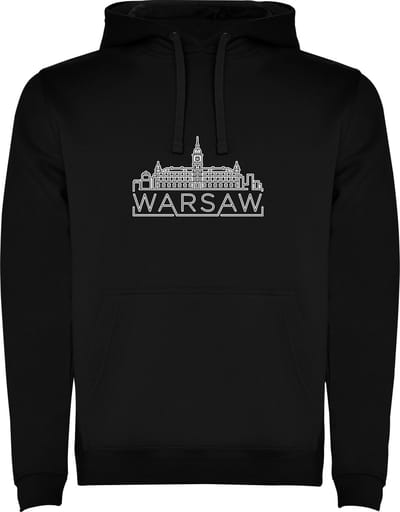Zwarte unisex hoodie met “ Skyline Warsaw - Warchau – Vakantiegevoel – Strak – Modern “ Print Full Color Color merk Roly maat S