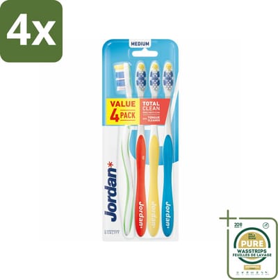 Jordan Tandenborstel Total Clean Medium 4-pack 4 stuks per verpakking - Voordeelverpakking - 4 stuks - Tandenborstels - Tandenborstel set