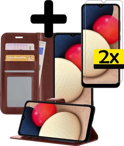 Hoesje - Met 2x Screenprotector - Geschikt voor Samsung Galaxy A02s - Luxe Pasjeshouder - Bookcase Portemonee - Flip Case - Kunstleer Book Case - Flipcase Hoes - Book Cover - Walletcase - Portemonneehoes - Telefoonhoesjes - Bruin