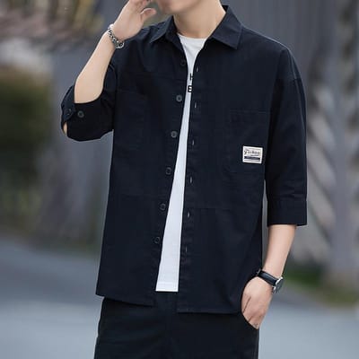 Heren Zevenpuntsmouw Shirt Lente en Herfst Nieuw Koreaanse Versie van De Trend Shirt Casual Jas Herenjas Tooling 4XL black