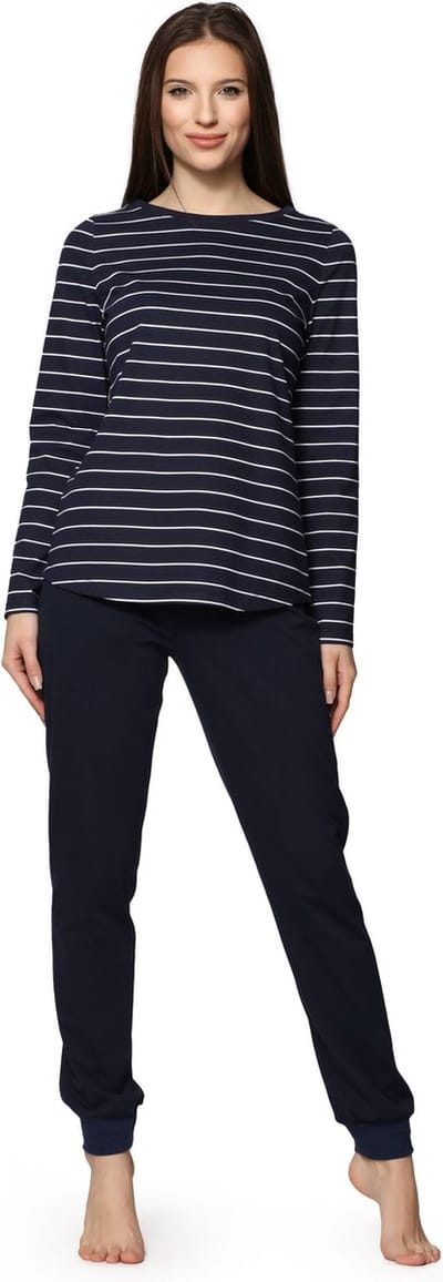 Bellivalini Dames Pyjama - Lange mouwen - Lange broek - Katoen - BLV-BLV50-166-PJ - Marine Wit - S