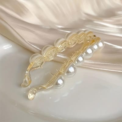 1 pièce d'élégante pince à cheveux en forme de banane avec perles d'imitation - Cadeau idéal pour la Saint-Valentin, Parfaite pour les chignons élégants et les coiffures mi-hauteur beige