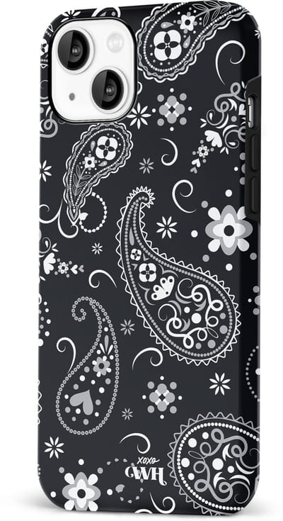 xoxo Wildhearts Paisley Dawn Black - Double Layer - Zwart hoesje geschikt voor iPhone 13 Mini hoesje - Hartjes patroon case bloemen - Siliconen en TPU hoesje geschikt voor de iPhone 13 Mini - zwart
