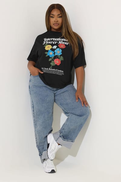 Limited Collection Tshirt Met Bloemenmotief En 'Flower Show' Slogan In Zwart Size 48