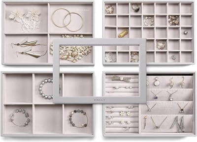 Stackable Jewellery Boxes with Glass Lid - 4 Tier Velvet Leather Storage Box for Rings Earrings Necklace - Vlando