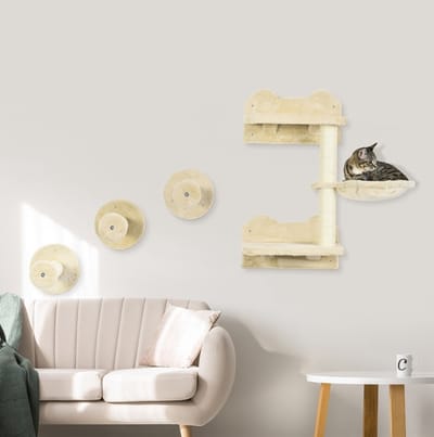 MEUNIQ klimmuur voor katten 40 x 28 x 73 cm, 4-delig wandkattenmeubel met 3 wandstappen, krabpaal met hangmat en zitplatform, pluche, beige