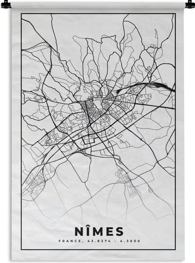 Wandkleed - Wanddoek - Plattegrond - Nîmes - Kaart - Frankrijk - Stadskaart - Zwart wit - 120x180 cm - Wandtapijt