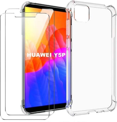 Hoesje Geschikt voor: Huawei Y5p Anti-Shock TPU Siliconen Soft Case + 2X Tempered Glass Screenprotector