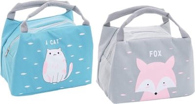 2 Pack | Geïsoleerde Lunchtas Set | Met Dubbele Handvat | Cat en Vos Print | Lekvrije | Lunchbox | Picknicktas | Lunchkoeltas | Maaltijdtas | camping | Reizen | Unisex | Blauw / Grijs