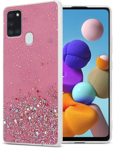 Cadorabo Hoesje geschikt voor Samsung Galaxy A21s in Roze met Glitter - Beschermhoes van flexibel TPU silicone met fonkelende glitters Case Cover Etui