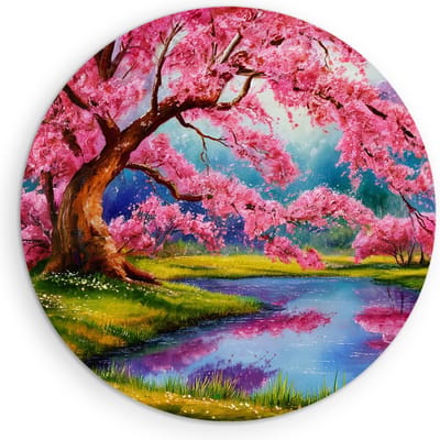Saammp Muurcirkel Hout - Roze boom aan een meer - Natuur - Landschap - Ø 90 - Wandcirkel - Wanddecoratie Cirkel - Muurdecoratie Woonkamer - Slaapkamer decoratie - Rond Schilderij