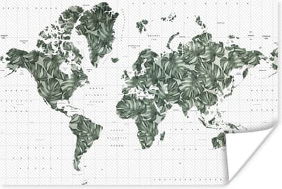 Poster 30x20 cm - Wereldkaart - Bladeren - Tropisch - Posters - Kamer decoratie - Wanddecoratie woonkamer - Muurdecoratie slaapkamer
