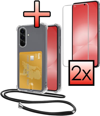Hoes Geschikt voor Samsung Galaxy A56 Hoesje Pasjeshouder Cover Met Koord Shock Proof Case Siliconen Hoes Met Telefoonkoord en Kaarthouder Met 2x Screenprotector - Transparant