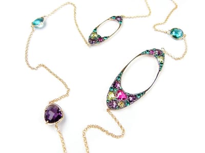 Zilveren collier halsketting geel goud verguld Model Magic Stardust Big gezet met gekleurde stenen paars, groen, en fushia