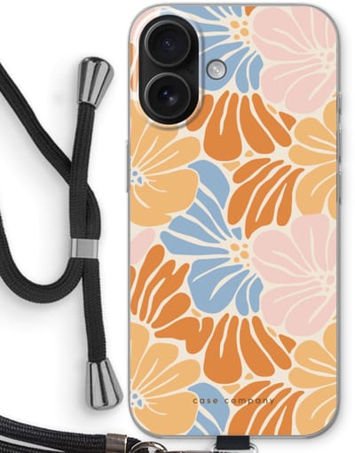 Case Company® - Hoesje met koord geschikt voor iPhone 16 hoesje met Koord - Flowers Pattern 2 - Telefoonhoesje met Zwart Koord - Bescherming aan alle Kanten en Over de Schermrand