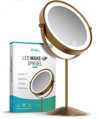 Mirlux Make Up Spiegel met LED Verlichting - 10x Vergroting – Scheerspiegel Klein Op Voet - 3 Lichtstanden - Oplaadbaar - Vergrootspiegel Goud